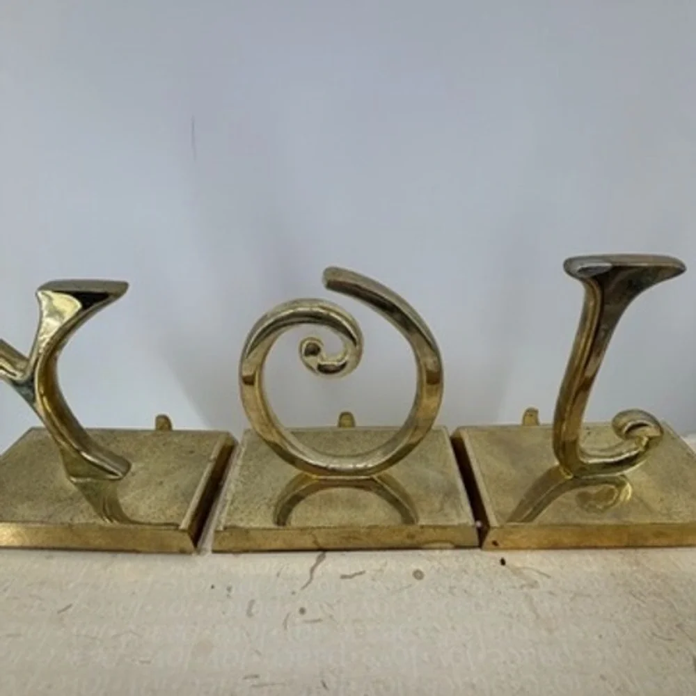 Pottery Barn JOY Stocking Holder Set Gold Tone Metal Weighted Mantel Decor 3pc